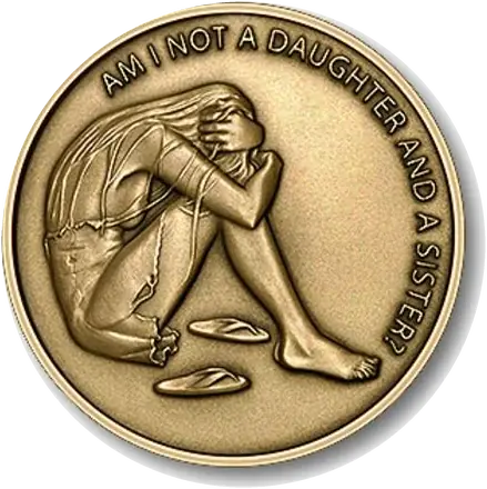King Tribe anti-slavery medallion of 2010, a seated girl with her head bowed, motto Am I not a daughter and a sister