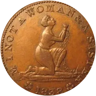 American copper token of 1838, a kneeling woman in chains, motto Am I not a woman and a sister
