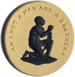 Wedgwood jasperware medallion of 1787, a kneeling man in chains, motto Am I not a man and a brother